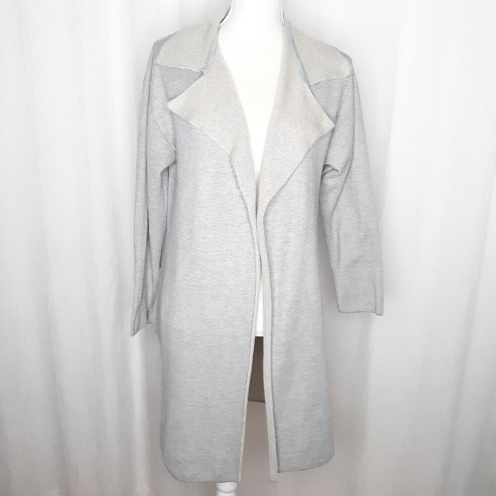 Lumiere Open Front Collared Cardigan Blue/Gray & Beige Pockets